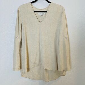 Karen Kane Tunic Top XL Natural Beige V-Neck Roll Tab Sleeve Asymmetrical Hem